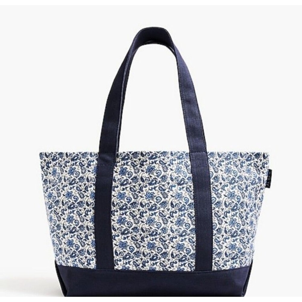 J. Crew Structured Canvas Tote Bag Blue and White Floral NWT